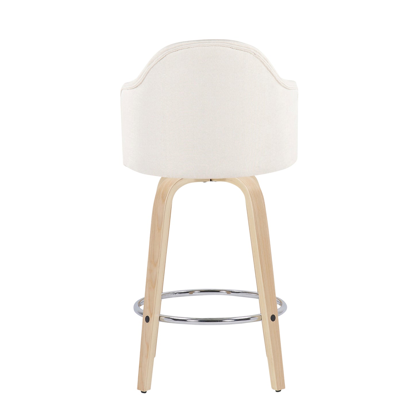 Cadeno - Set of 2 - 26" Mid-Century Modern Counter Stools with Cream Fabric, Natural Wood Legs, and Chrome Footrest