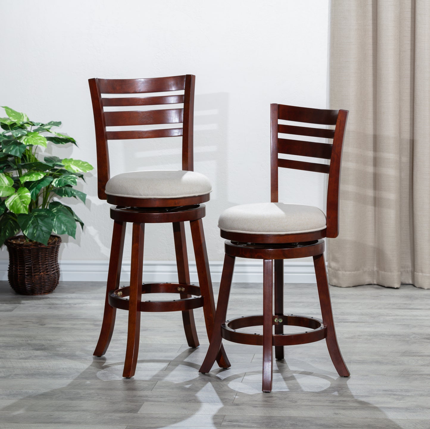 Mercelith - Set of 2 - 18" Swivel Counter Stools with Beige Upholstered Seats, Comfortable and Versatile Seating for Kitchens and Bars