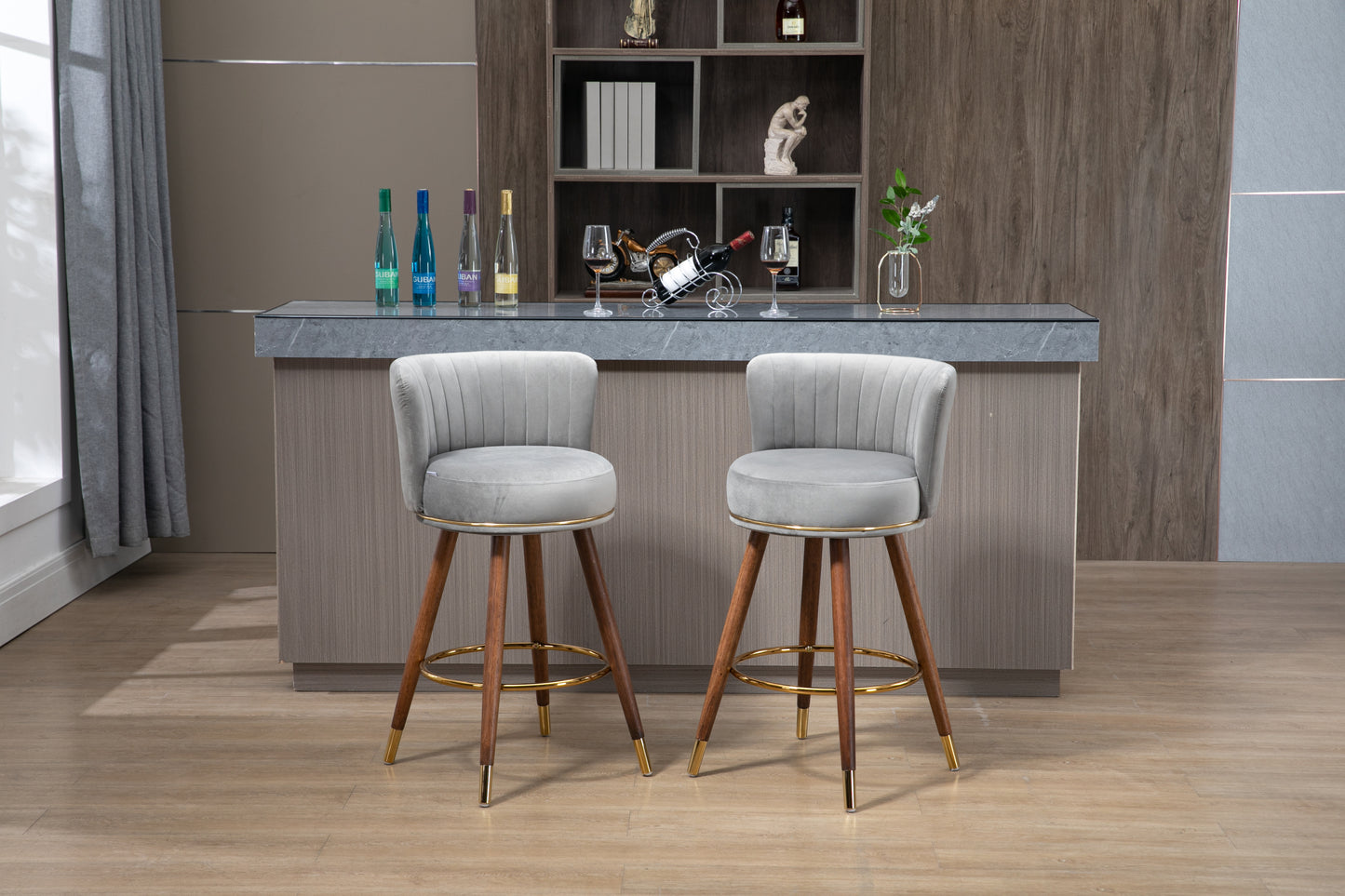 Avira - Set of 2 - 28" Grey Counter Height Swivel Bar Stools with Light Brown Solid Wood Legs, Retro Style and Upholstered Cushions