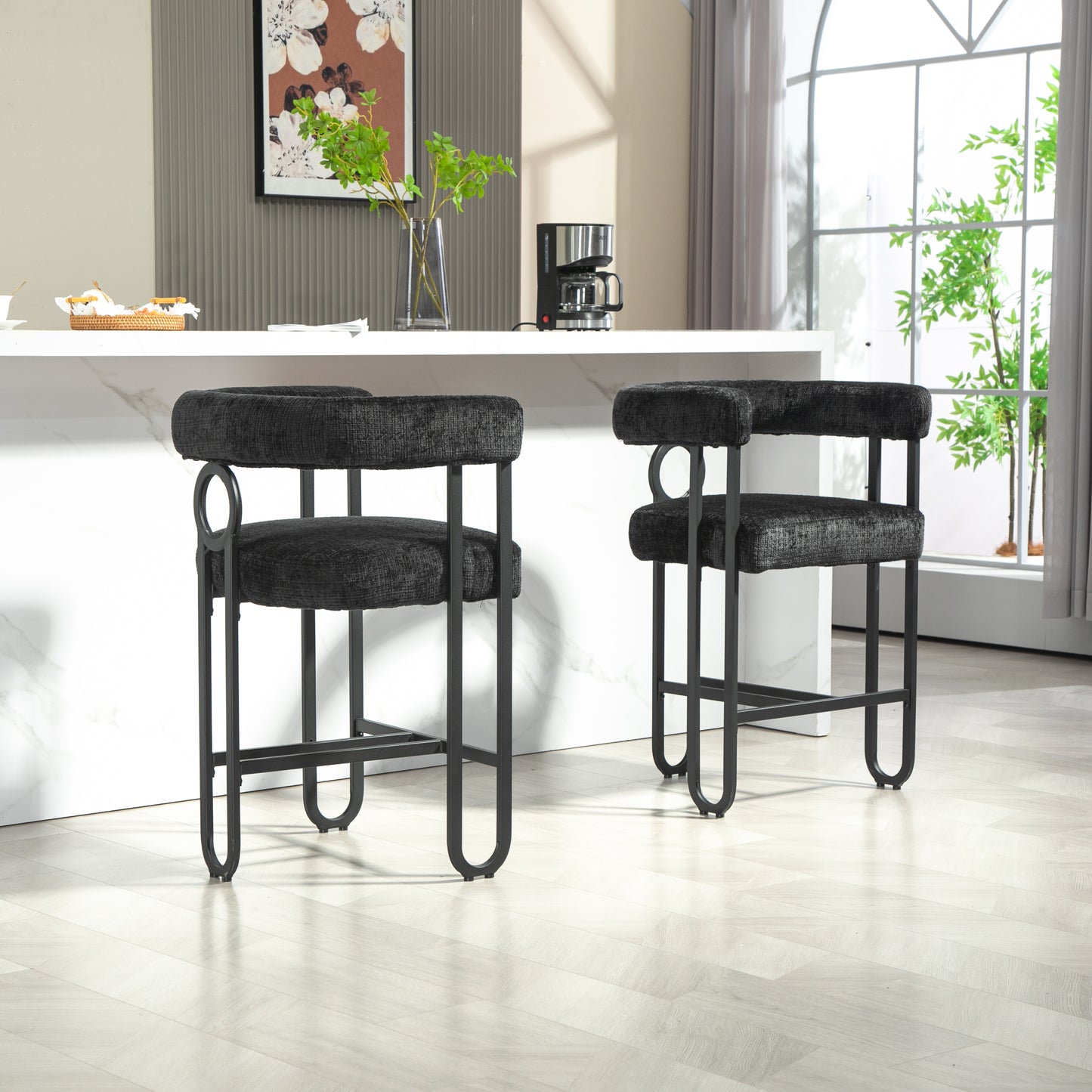 Lynsandra - Set of 2 - 24" Black Chenille Upholstered Bar Stools with Curved Backrest and Black Metal Legs