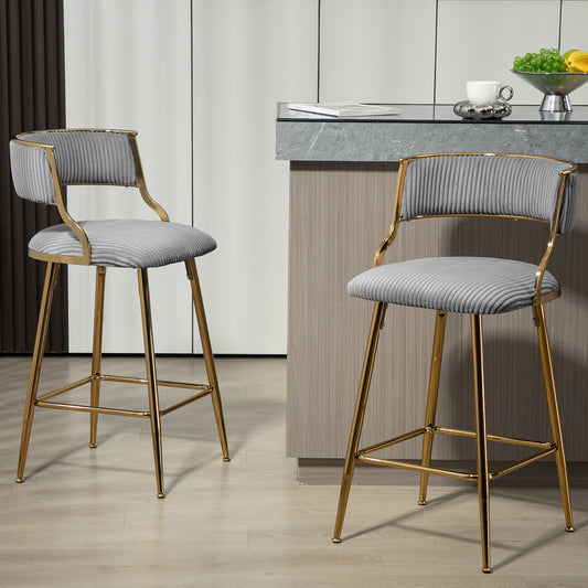 Astrid - Set of 2 - 26" Grey Corduroy Counter Height Bar Stools with Golden Chromed Base, Backrest, and Footrest