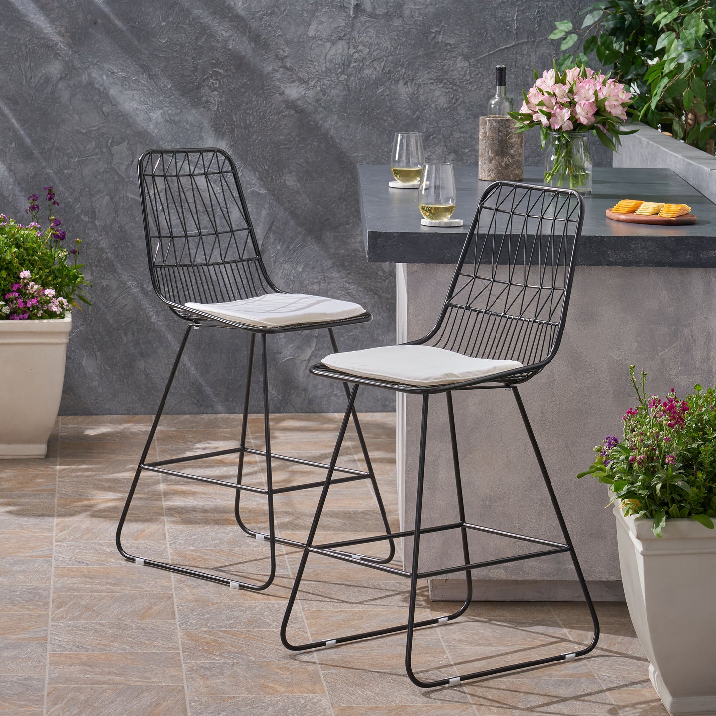 Niez - Set of 2 - 26" Black and Ivory Wire Counter Stools with Cushions