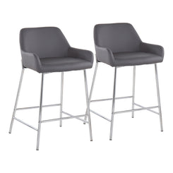 VibeAura – Set of 2 – 26" Grey Faux Leather Fixed-Height Counter Stools with Chrome Metal Frame