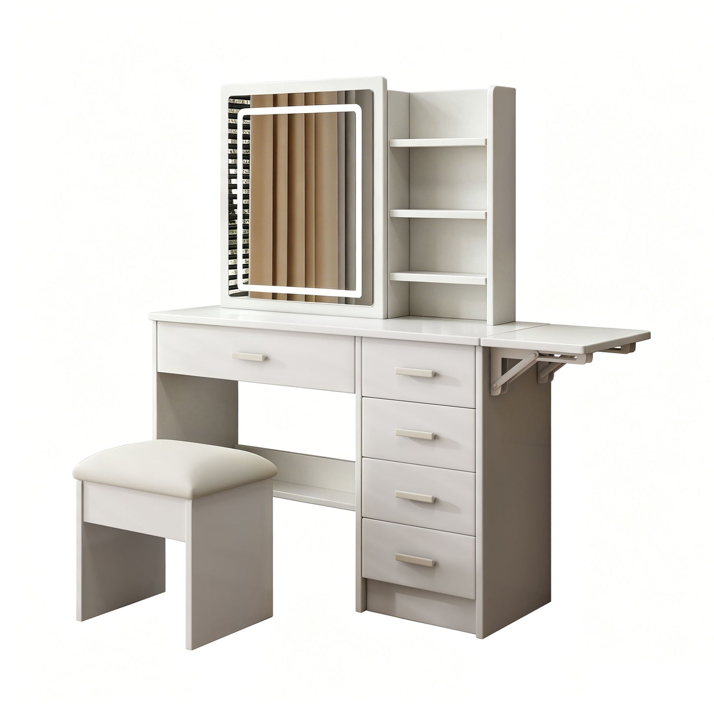 Fashion Vanity Desk With Mirror And Lights For Makeup, 5 Drawers, Adjustable Lighting - White