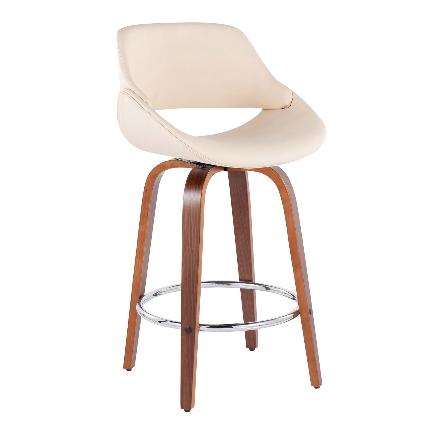 Dorset - Set of 2 - 19" Cream Faux Leather Mid-Century Counter Stools with Walnut Swivel Legs