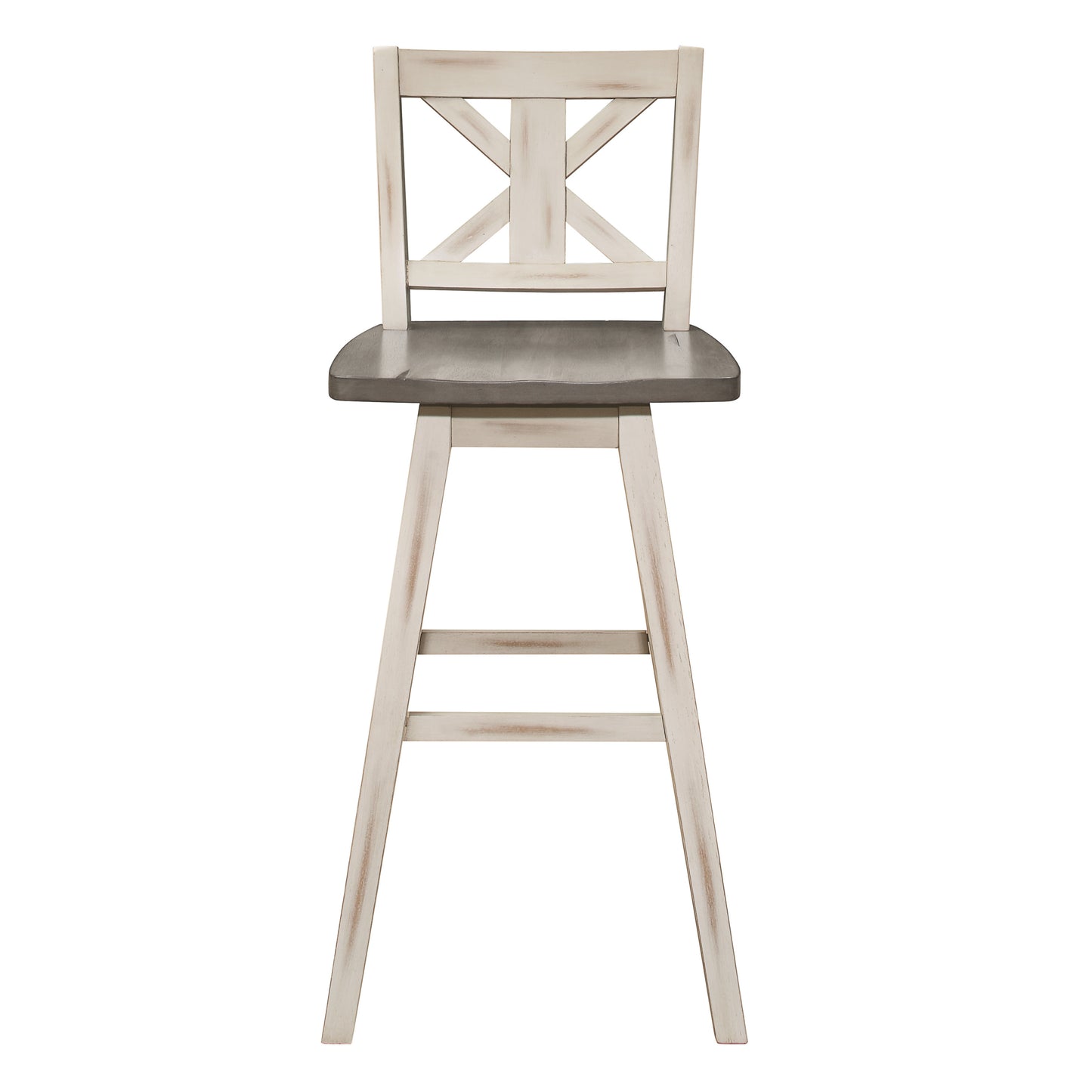 Anabella - Set of 2 - 29" Distressed Gray & White 360° Swivel X-Back Pub Chairs with Solid Rubberwood Frame and Rustic Bar Height Design