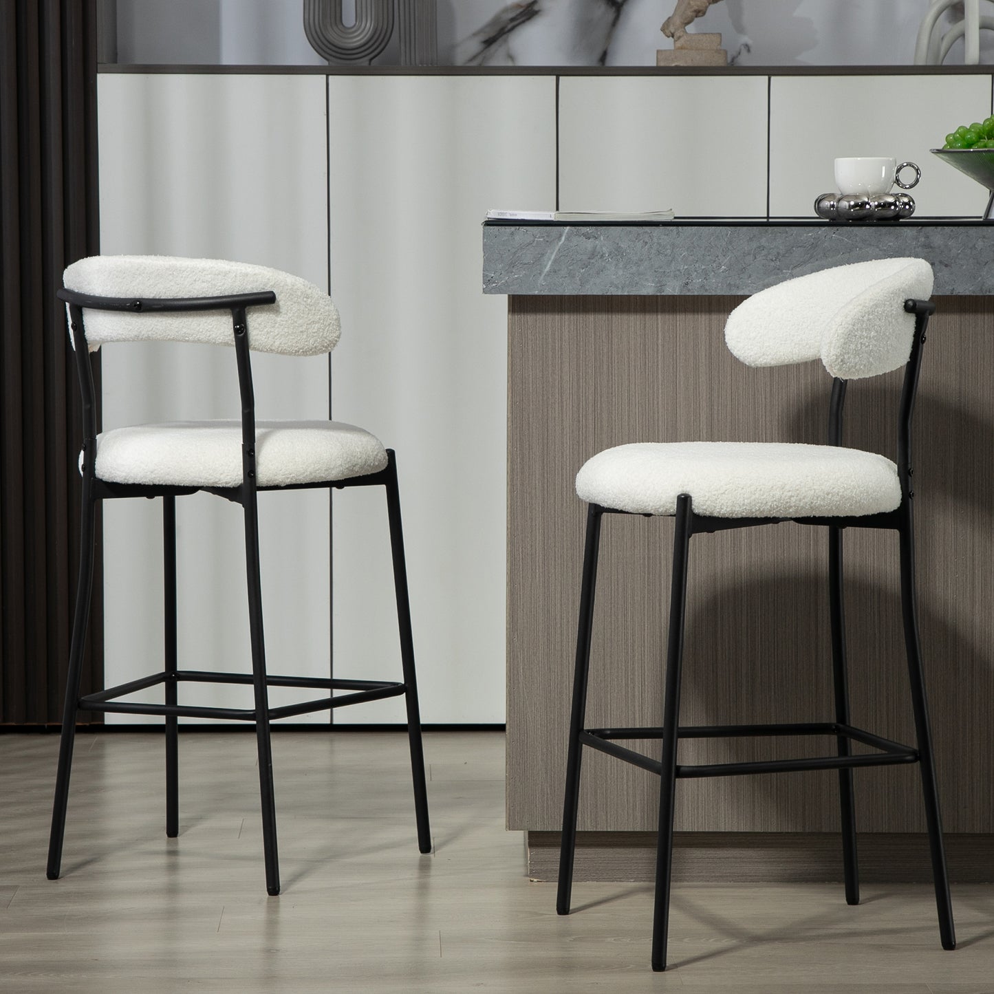 Sorelle - Set of 2 - 26" Snow White Teddy Fabric Counter Height Stools with Open Back and Black Powder-Coated Base