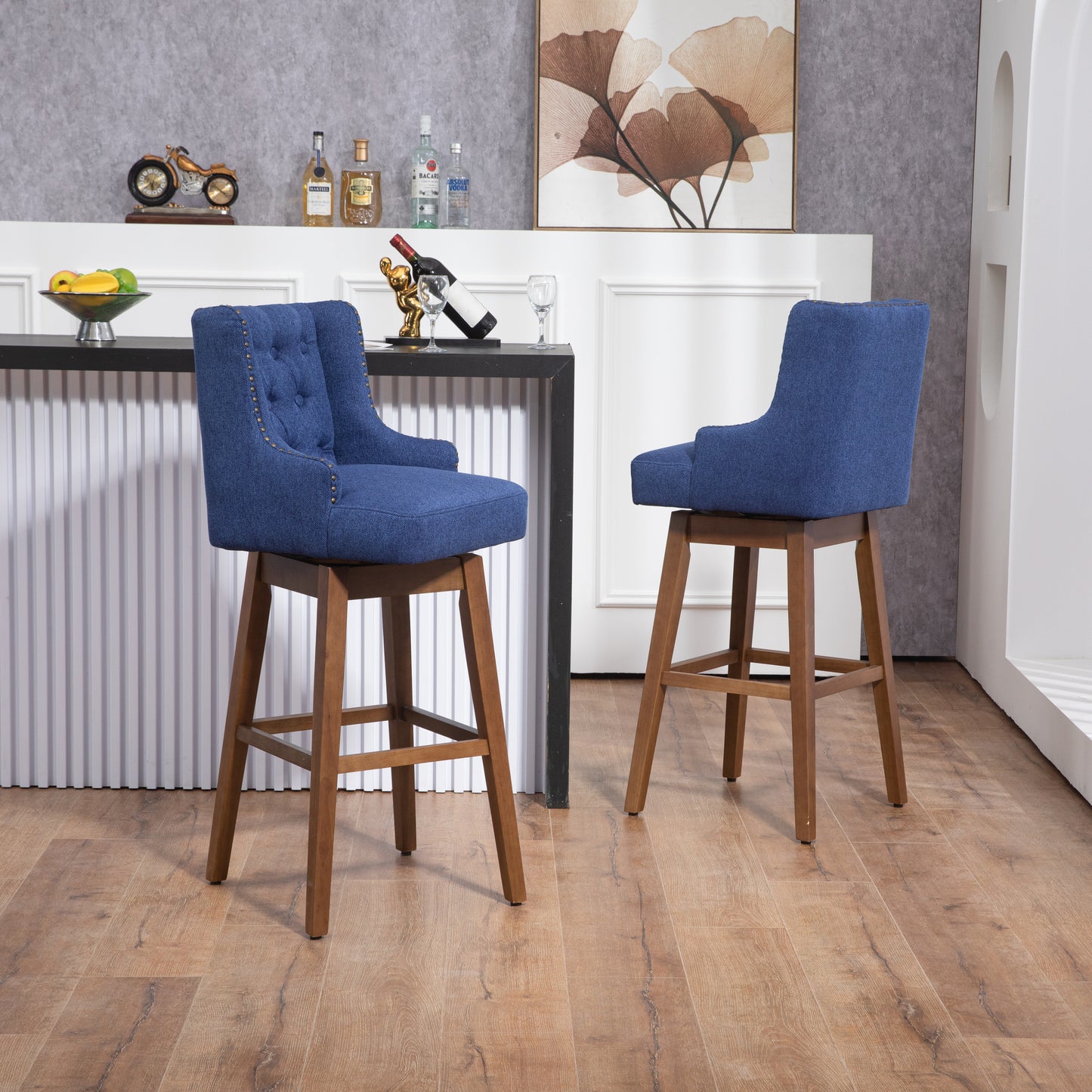 Morrithal - Set of 2 - 30" Navy Linen Counter Height Bar Stools with 360° Swivel, Footrest, Solid Wood Legs, and Retro Style for Kitchen or Dining Room