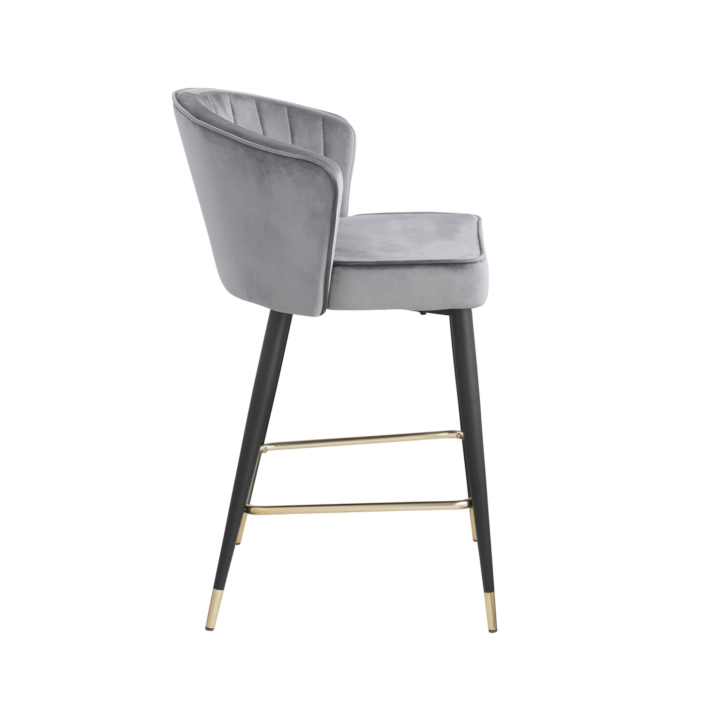 Sophia - Set of 2 - 26" Gray Velvet Upholstered Counter Height Stools with Deep Channel Tufting and Gold-Tipped Black Metal Legs