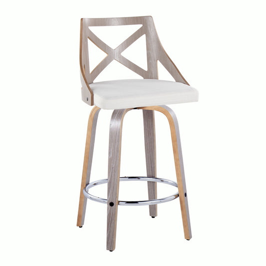 Anwen - Set of 2 - 28" Light Grey Farmhouse Counter Stools with Cream Fabric and Chrome Metal Footrest, Swivel Design