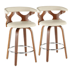 Grenith – Set of 2 – 24" Cream Faux Leather Mid-Century Modern Counter Stools with Walnut Lattice Back and 360° Swivel