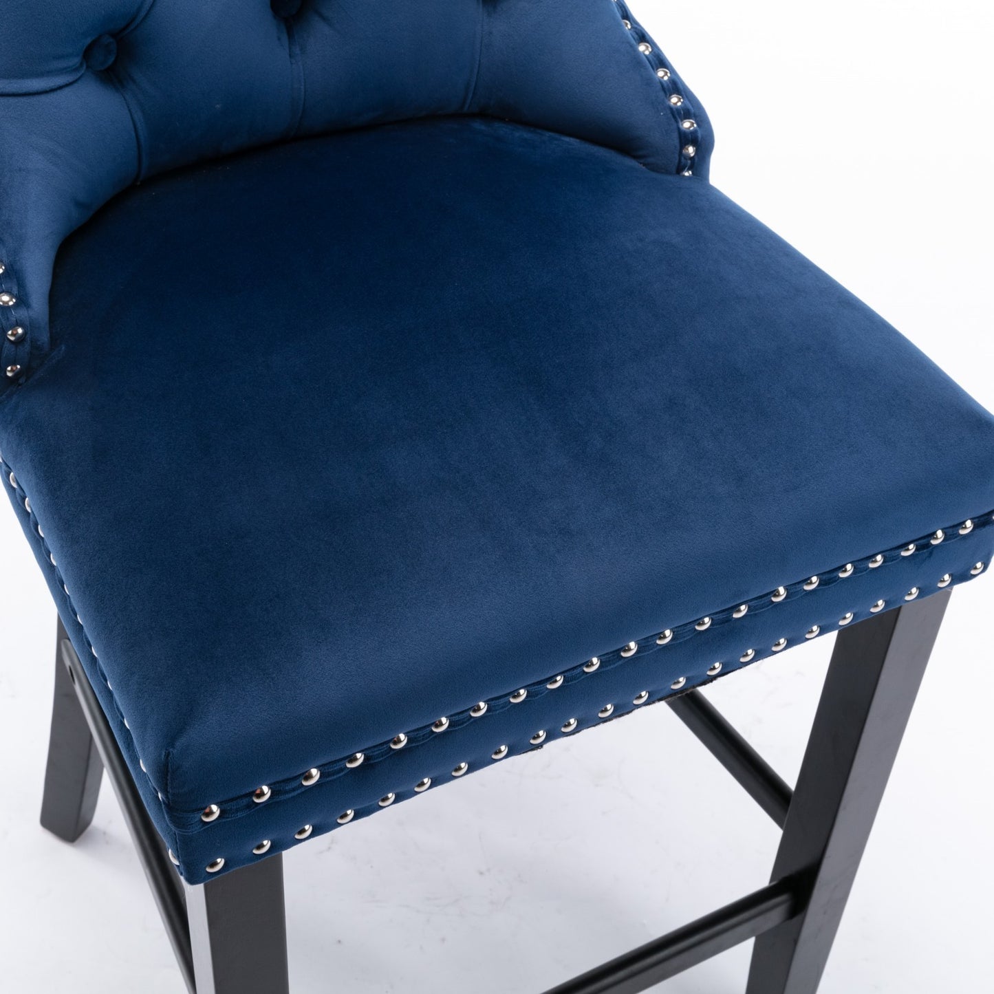 Heliora - Set of 2 - 26" Blue Velvet Upholstered Bar Stools with Button Tufted Design, Chrome Nailhead Trim, and Wooden Legs - Modern American Style