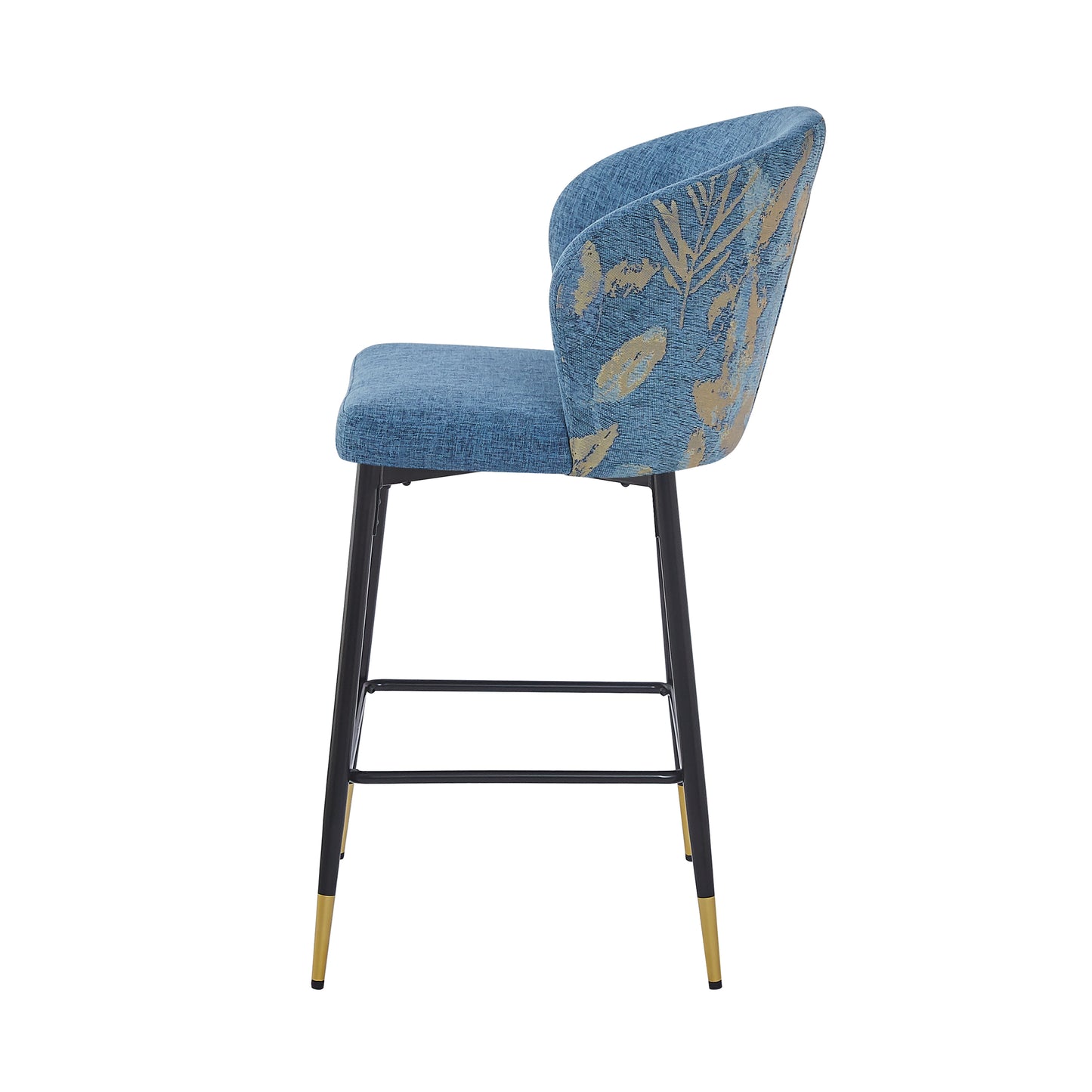 Loressa - Set of 2 - 28" Blue Jacquard Counter Height Bar Stools, Modern Wingback Design, Metal Frame with Black & Gold Footrests