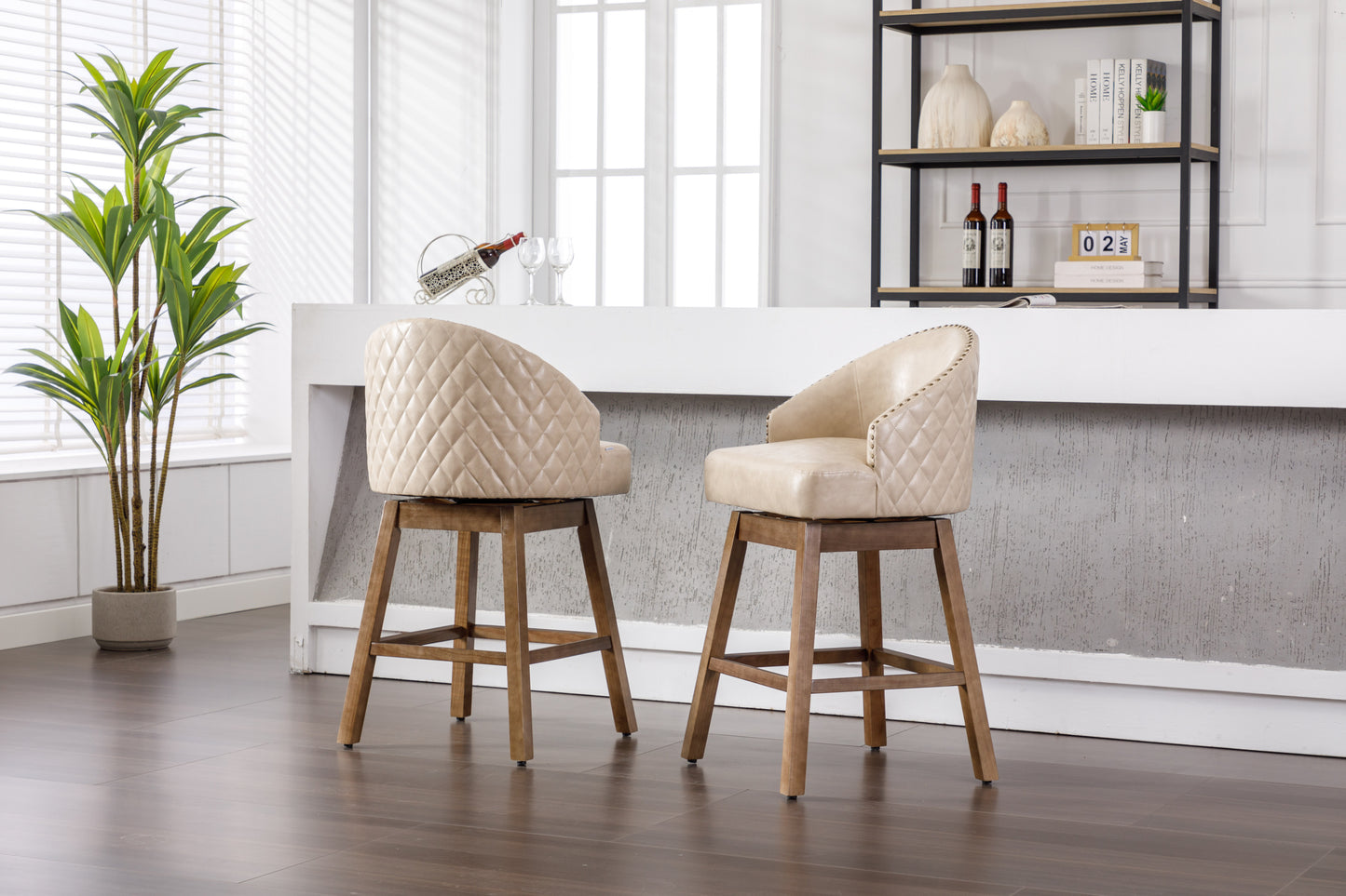 Helas - Set of 2 - 29" Apricot PolyUrethane Leather Counter Height Bar Stools with 360° Swivel - Solid Wood Legs & Footrest (21.65"x22.05"x38.98")