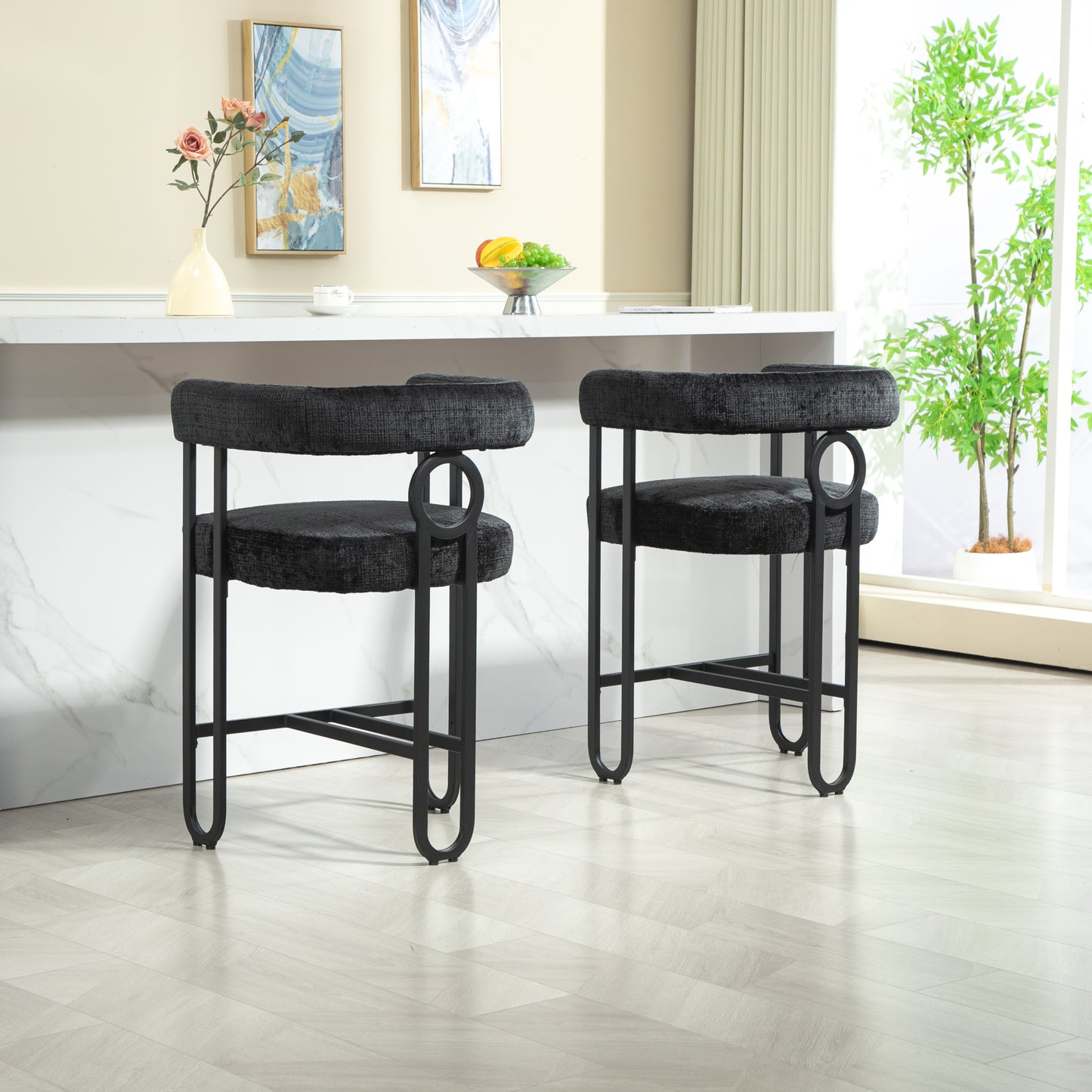 Rafferty - Set of 2 - 24" Black Chenille Upholstered Modern Bar Stool with Backrest, Black Metal Frame for Kitchen Island, Pub, or Club