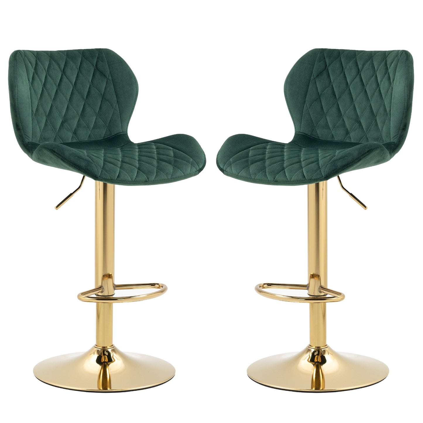 Lorrenis - Set of 2 - 24" Green Velvet Adjustable Swivel Counter Stools with Gold Base