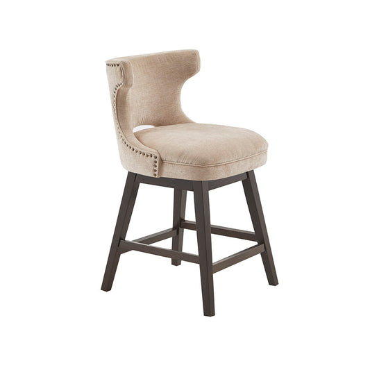 Vissari - Set of 2 -26" Beige Swivel Counter Stools with Nailhead Detailing & Dark Coffee Wood Legs