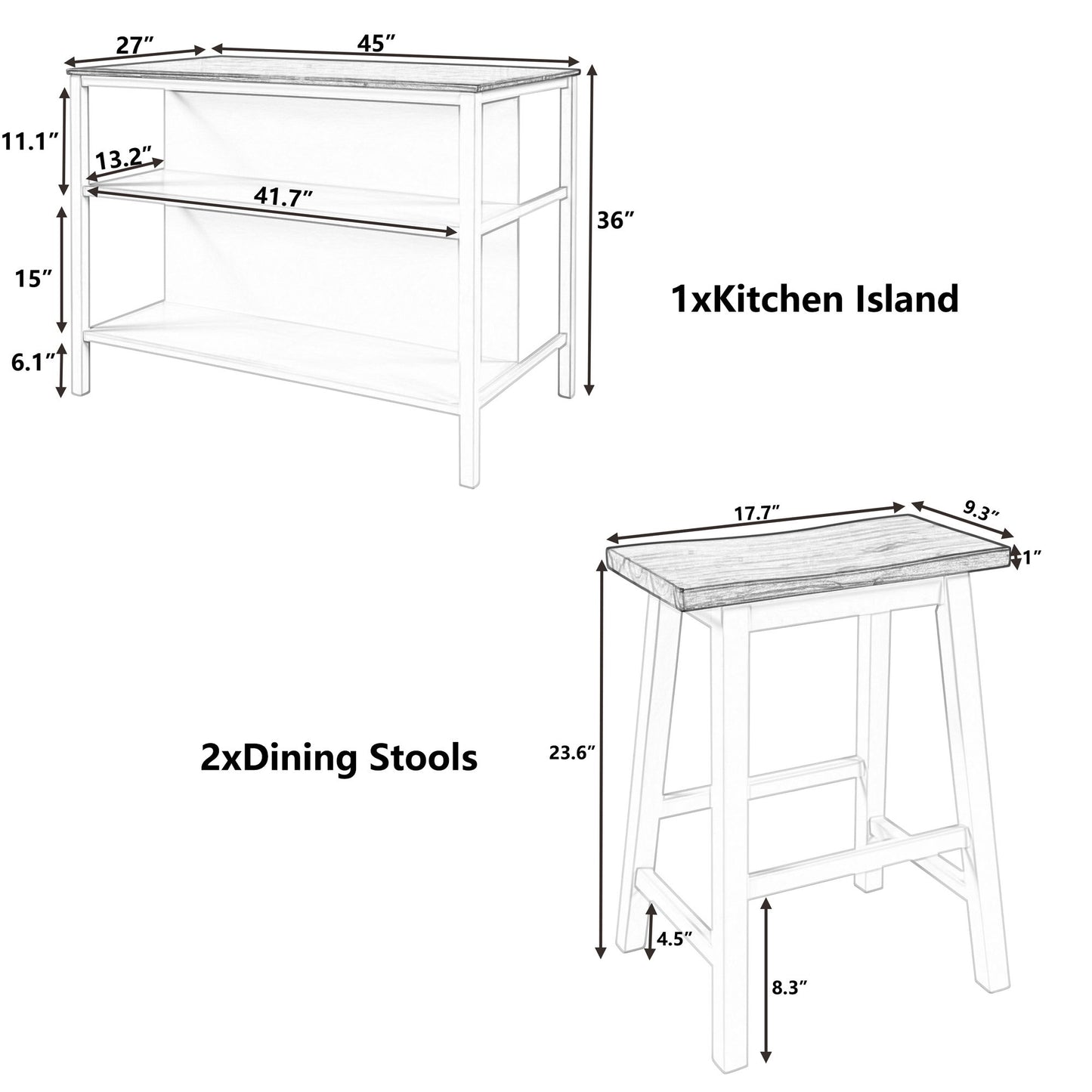 Rustic 3 Piece Stationary Kitchen Island Set With 2 Seatings, With 2 Open Shelves