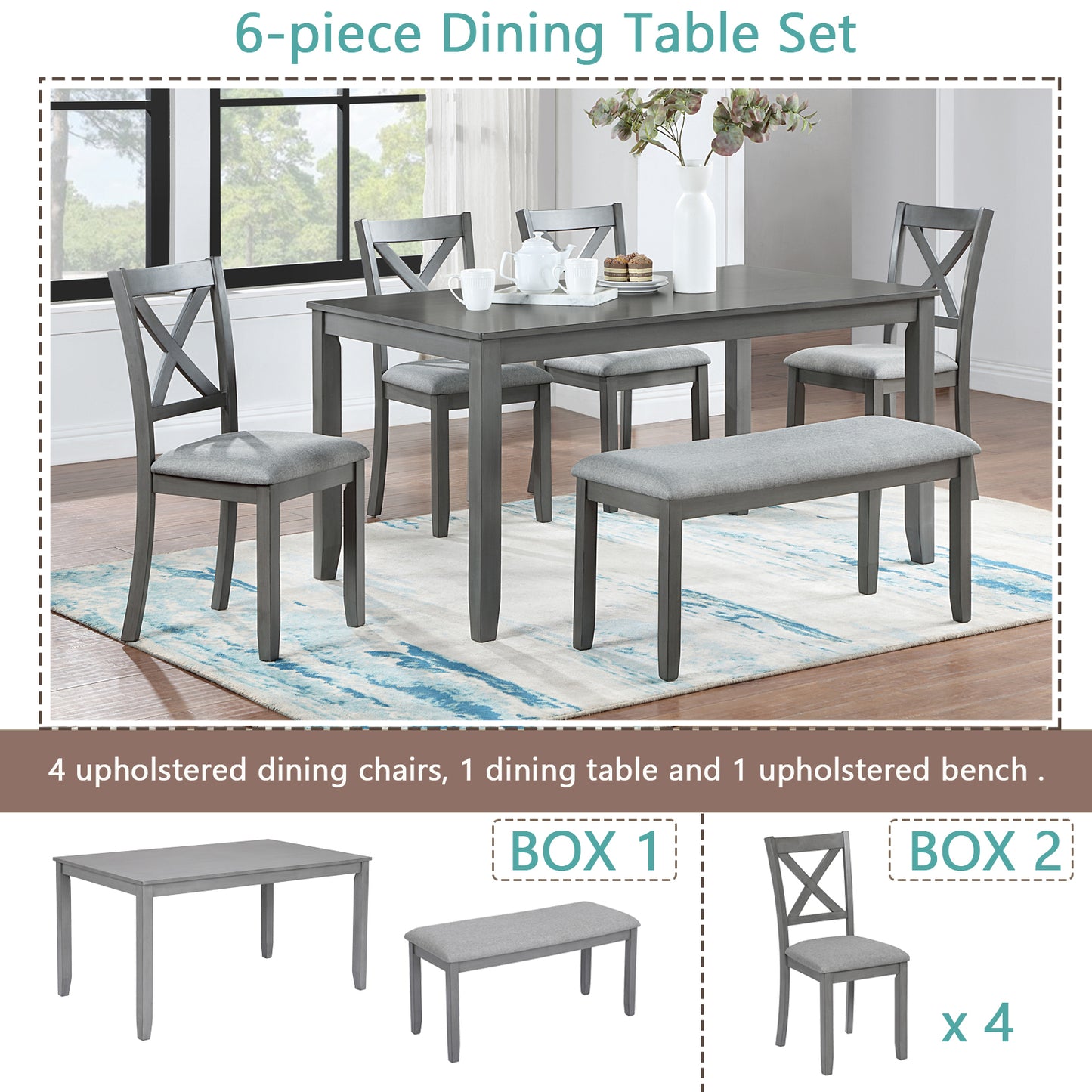 Glenn - Set of 6 - 25” Kitchen Dining Set with Rectangular Acacia Wood Table, 4 Upholstered Chairs & Bench - Seats 6