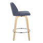 Vesperat - Set of 2 - 26" Contemporary Fixed Height Swivel Counter Stools, Blue Fabric & Natural Wood with Chrome Footrest