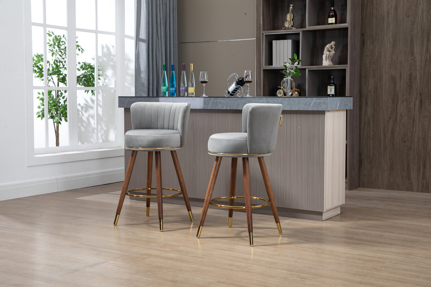 Avira - Set of 2 - 28" Grey Counter Height Swivel Bar Stools with Light Brown Solid Wood Legs, Retro Style and Upholstered Cushions