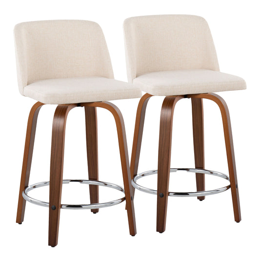 Helvryn - Set of 2 - 24" Cream Mid-Century Modern Counter Stools with Walnut Wood Swivel Seat and Chrome Footrest