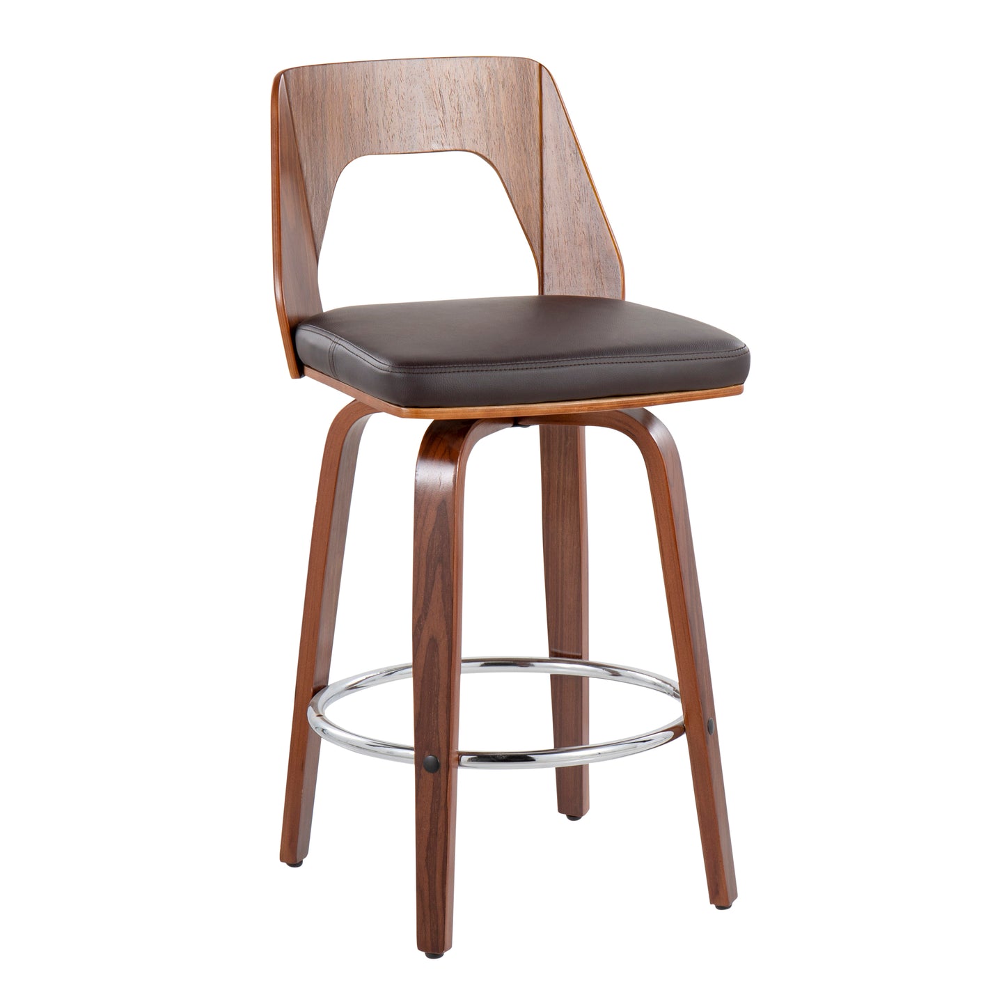 Trilogy - Set of 2 - 20" Walnut Mid-Century Modern Counter Stools with Brown Faux Leather Upholstery