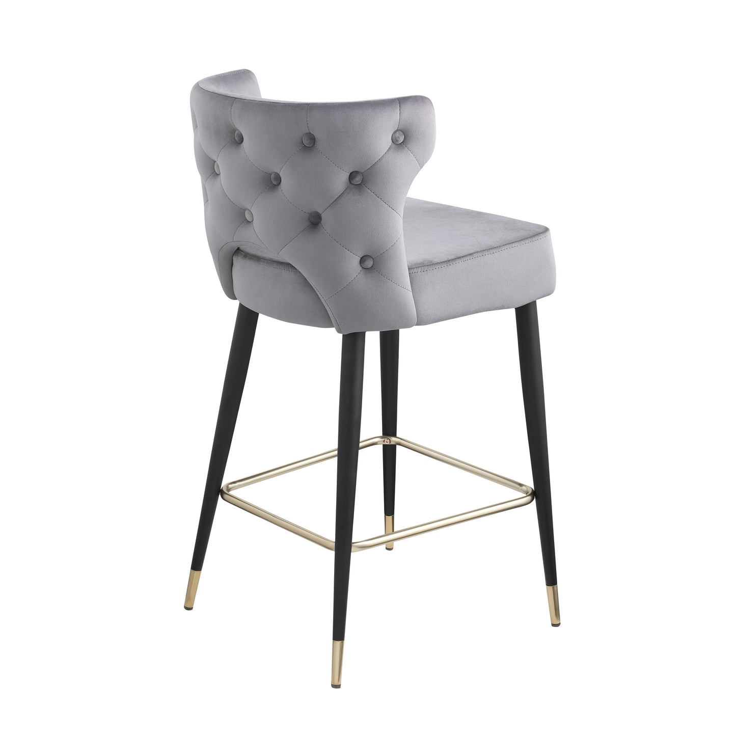 Harmith - Set of 2 - 24" Gray Velvet Counter Stools with Gold-Tipped Black Metal Legs, 19" W x 22" D