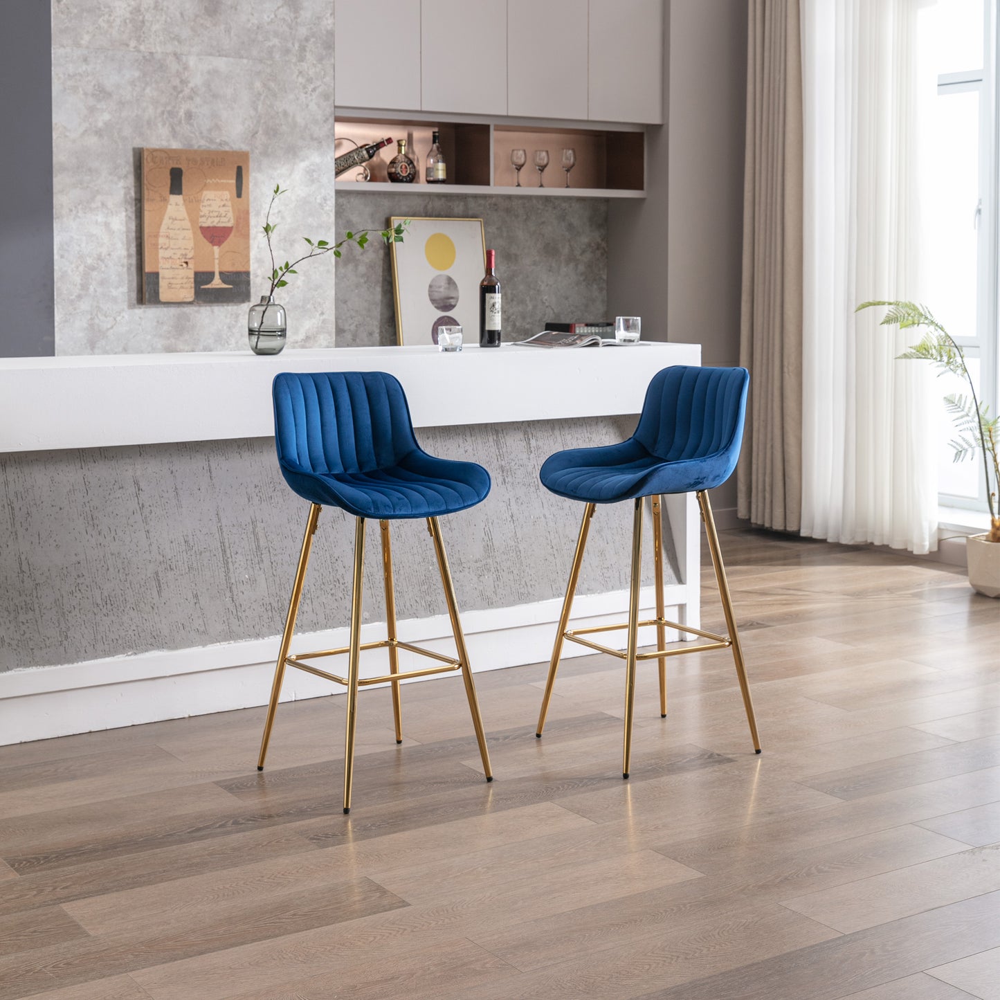 Havrynn - Set of 2 - 30" Blue Velvet Counter Stools with Golden Legs and Chrome Footrest, Modern Design