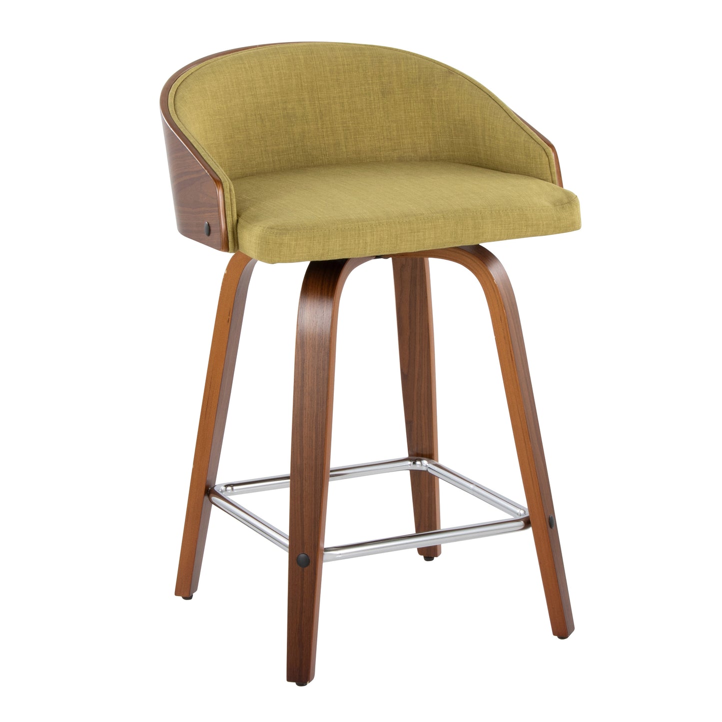 Shiraz - Set of 2 - 24" Mid-Century Modern Walnut Swivel Counter Stools in Green Fabric with Square Chrome Footrest