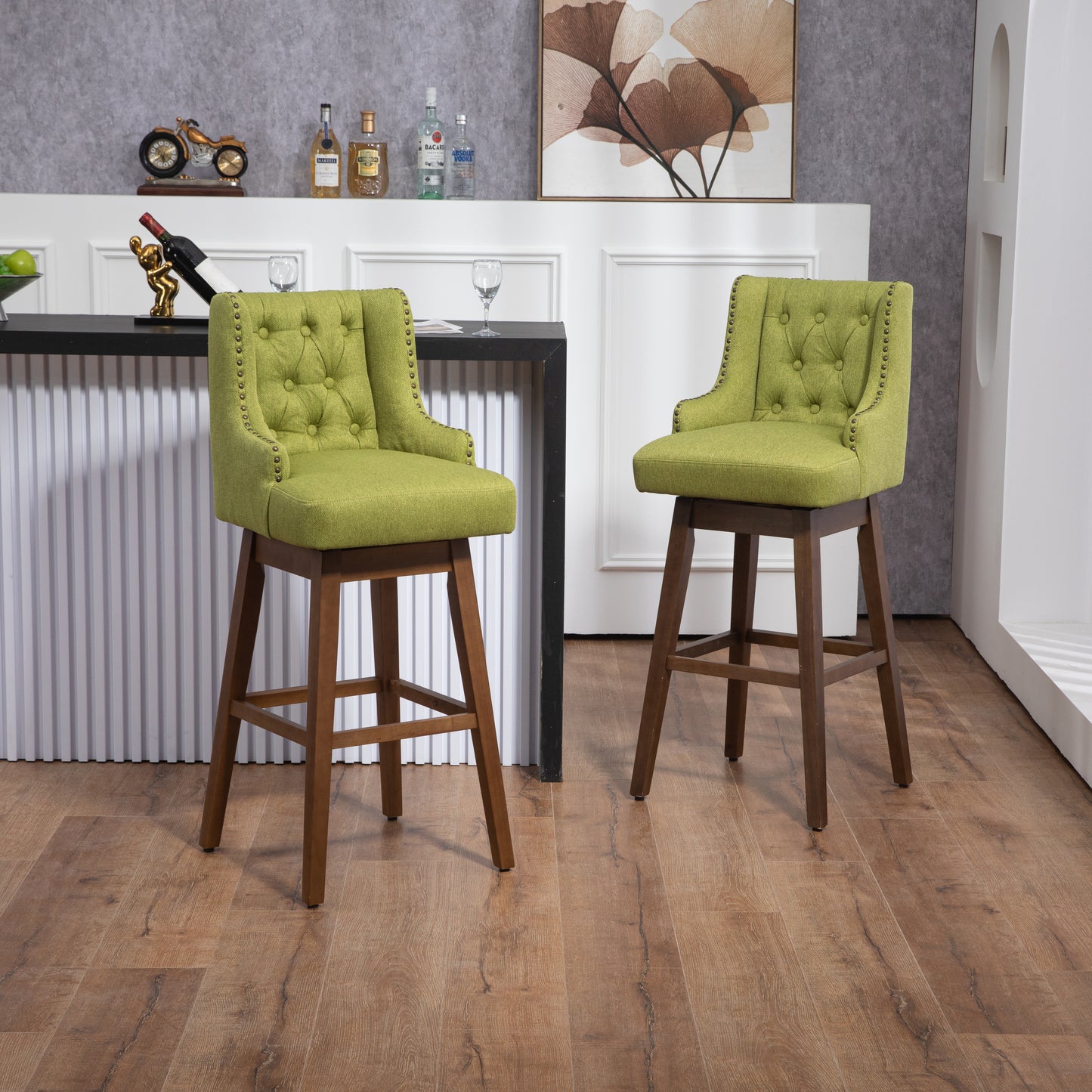 Esmée - Set of 2 - 30" Olive Linen Counter Height Bar Stools with 360° Swivel and Solid Wood Legs, Footrest for Kitchen or Dining Room