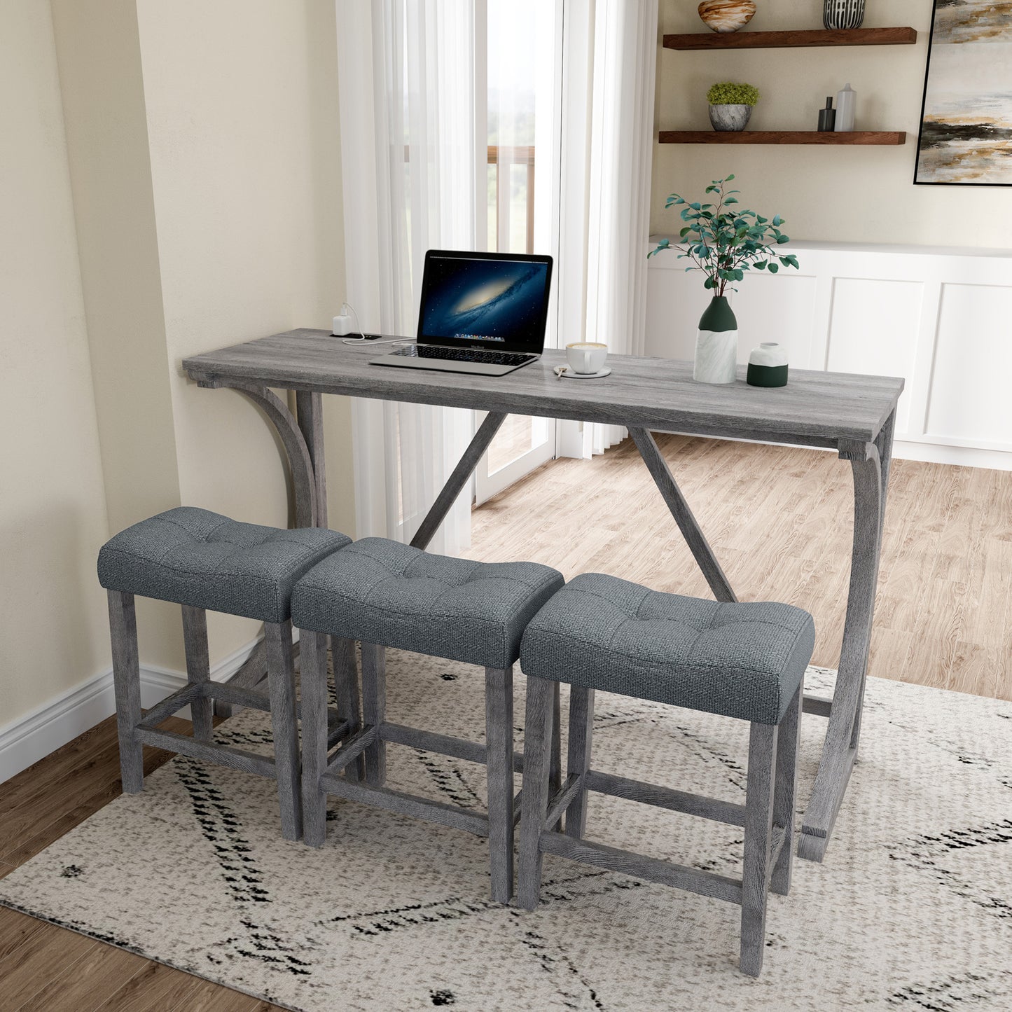 Hadden - Set of 4 - 30” Gray Industrial Bar Table Set with Power Outlet, 3 Stools, Solid Wood + MDF - Dining, Game, or Living Room, 59” x 19” x 36”