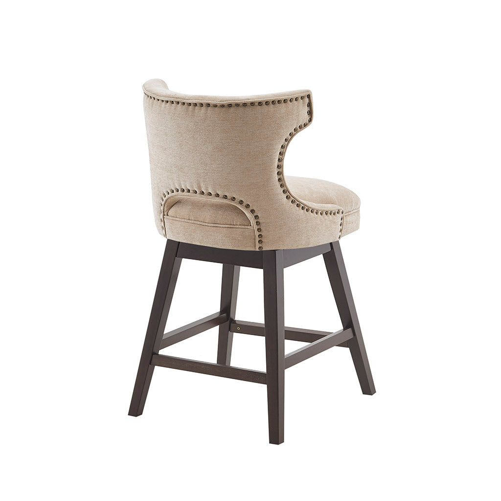 Vissari - Set of 2 -26" Beige Swivel Counter Stools with Nailhead Detailing & Dark Coffee Wood Legs