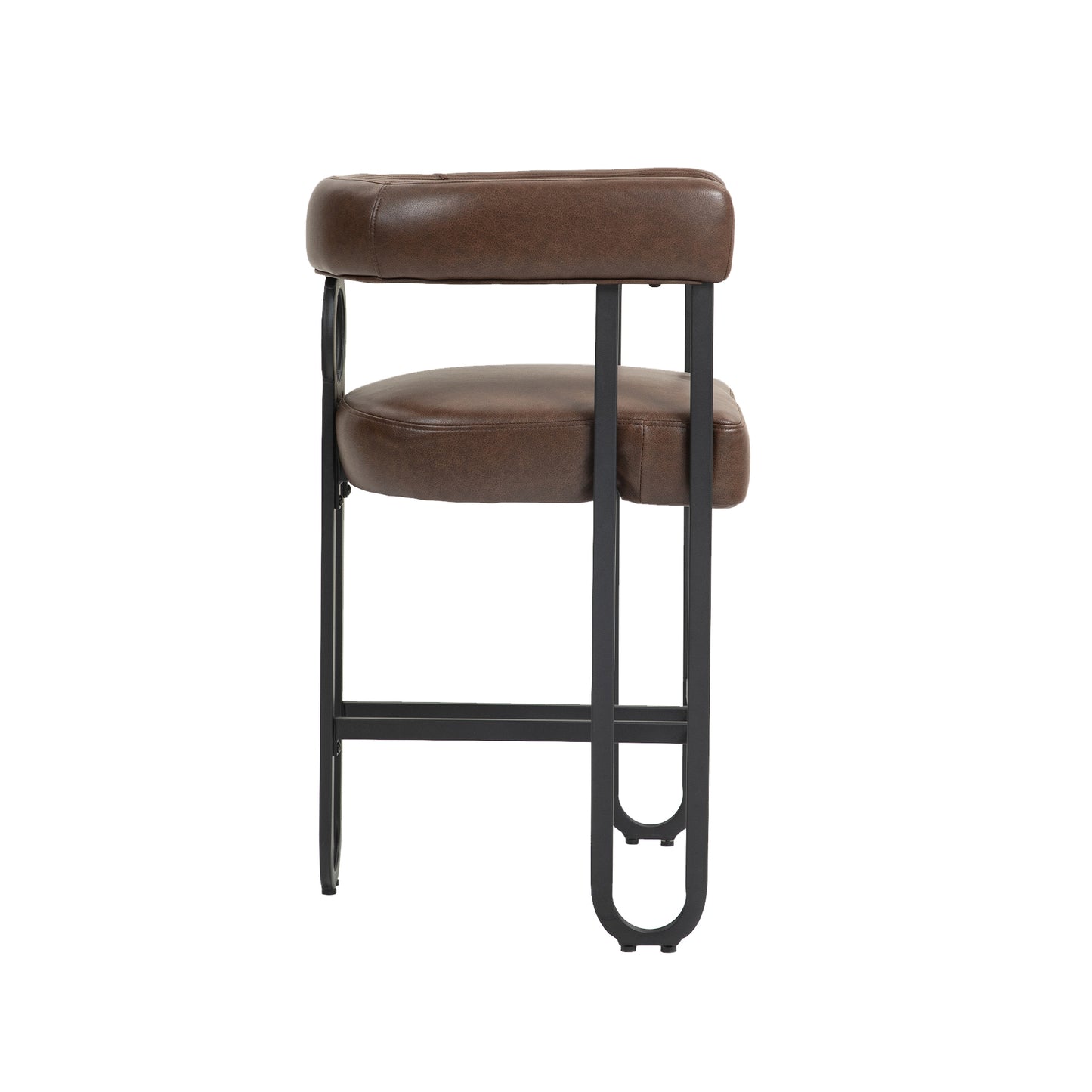 Callan - Set of 2 - 24" Dark Brown PU Bar Stools with Round Cushions, Curved Backrest, and Modern Black Metal Frame