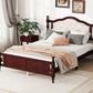 Pine Wooden Bed With Upholstered Headboard And Panel Footboard, With Two Bed Rail Support Feet And Central Platform Support Feet