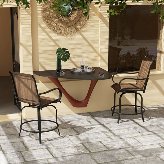 Arbor - Set of 2 - 28" Tan 360° Swivel Outdoor Bar Stools with Armrests, Steel Frame, and High Back