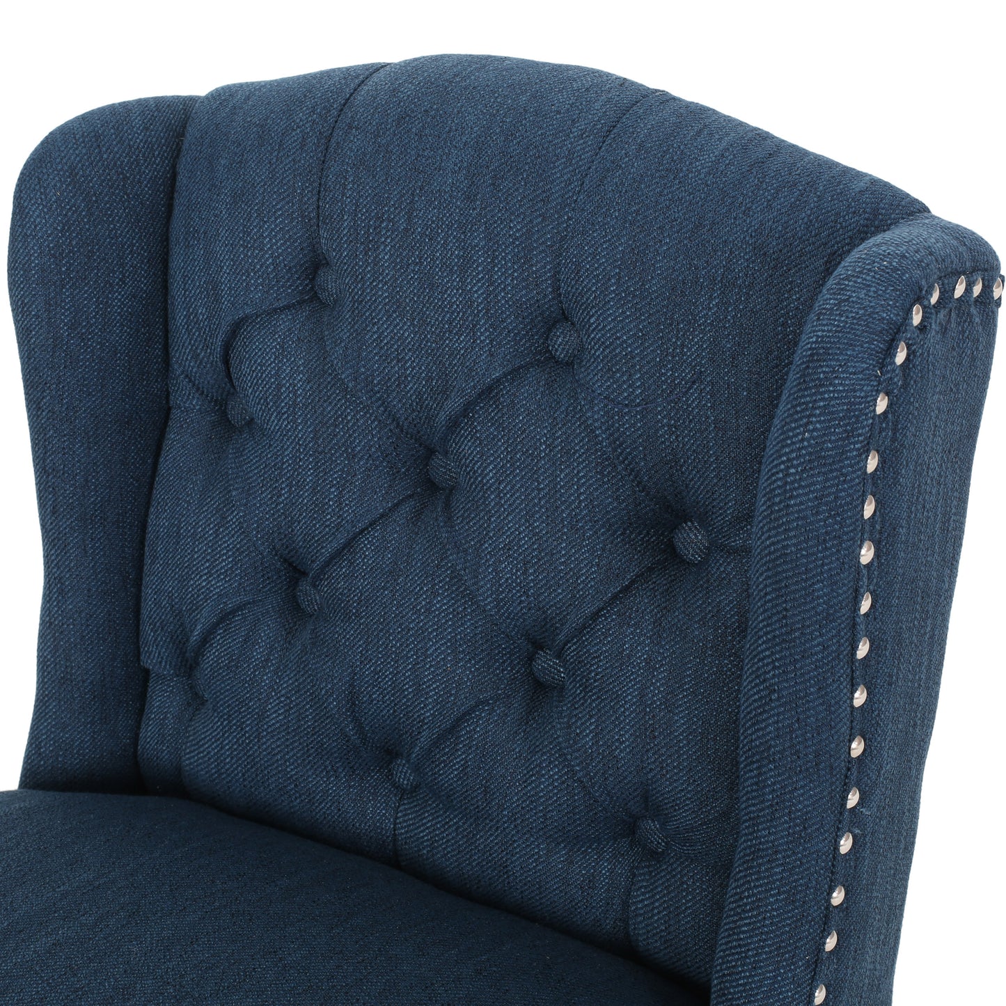 Vera - Set of 2 - 24" Navy Blue & Dark Brown Fabric Tufted Wingback Counter Stools with Nailhead Accents