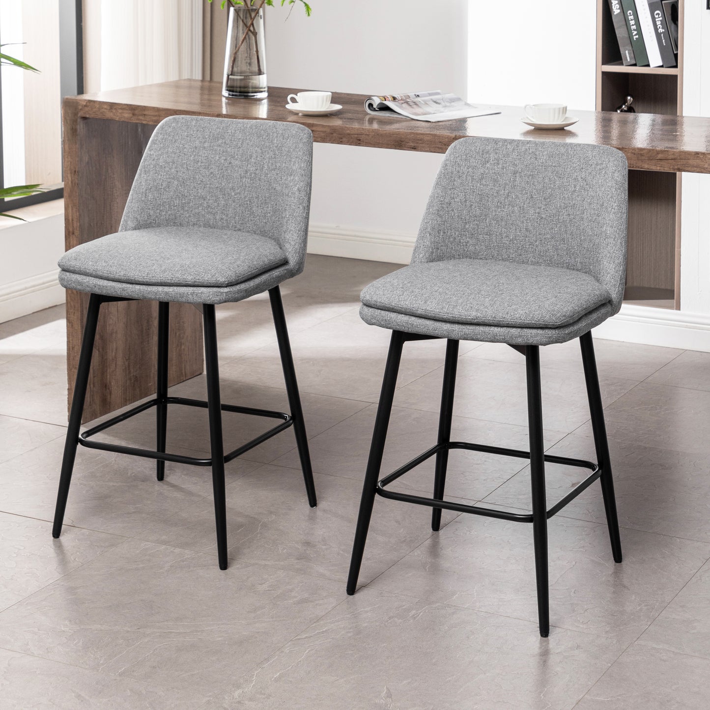 Vectoria 26" - Set of 2 - Light Grey Upholstered Swivel Counter Height Bar Stools with Metal Legs, 360° Swivel, and High Back, 25.6" Seat Height