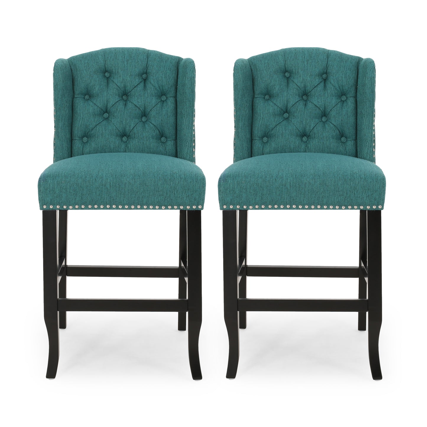 Veleta - Set of 2 - 27" Teal Tufted Wingback Counter Stools with Nailhead Trim and Dark Brown Rubberwood Legs