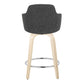 Erylis - Set of 2 - 24" Contemporary Swivel Counter Stools in Dark Grey Fabric with Natural Wood Base and Chrome Footrest