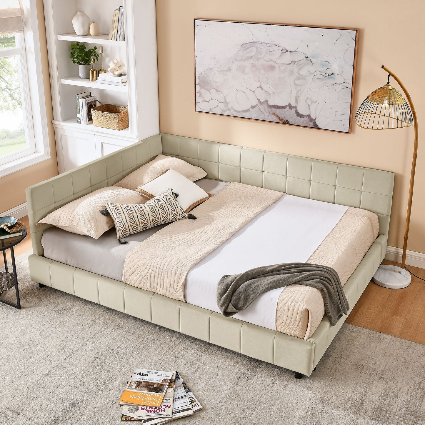 Upholstered Storage Tufted Bed Frame With Backrest And Armrests