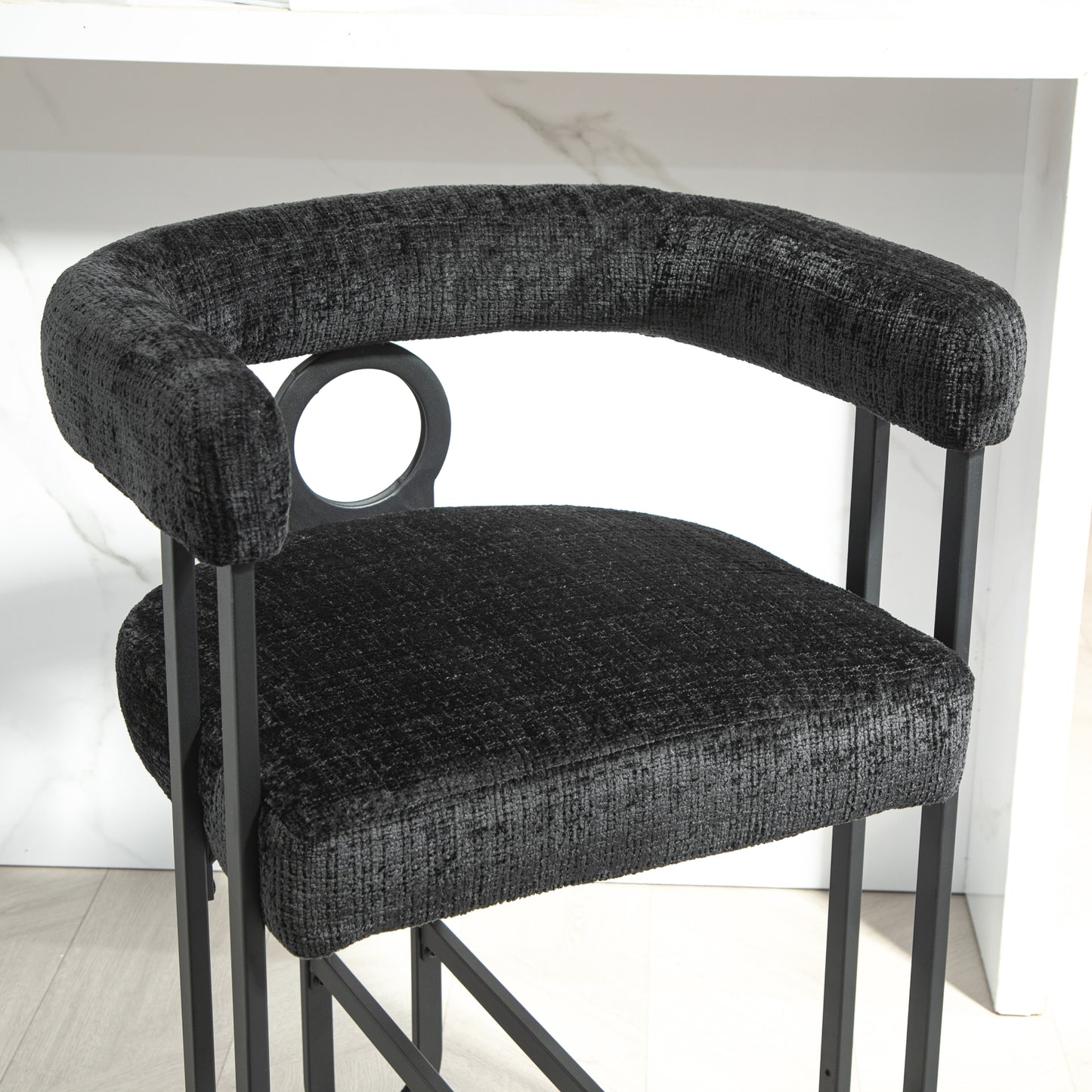 Lynsandra - Set of 2 - 24" Black Chenille Upholstered Bar Stools with Curved Backrest and Black Metal Legs