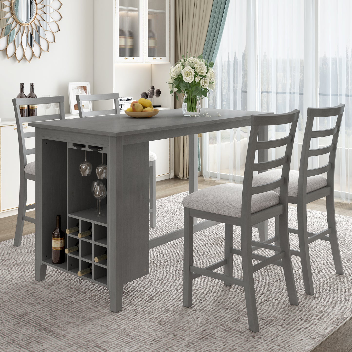 Tymorath - Set of 5 - 26" Gray Counter Height Dining Set with Solid Wood Table, Padded Chairs, Integrated Wine Storage, and Glass Holders - 35.4" Height