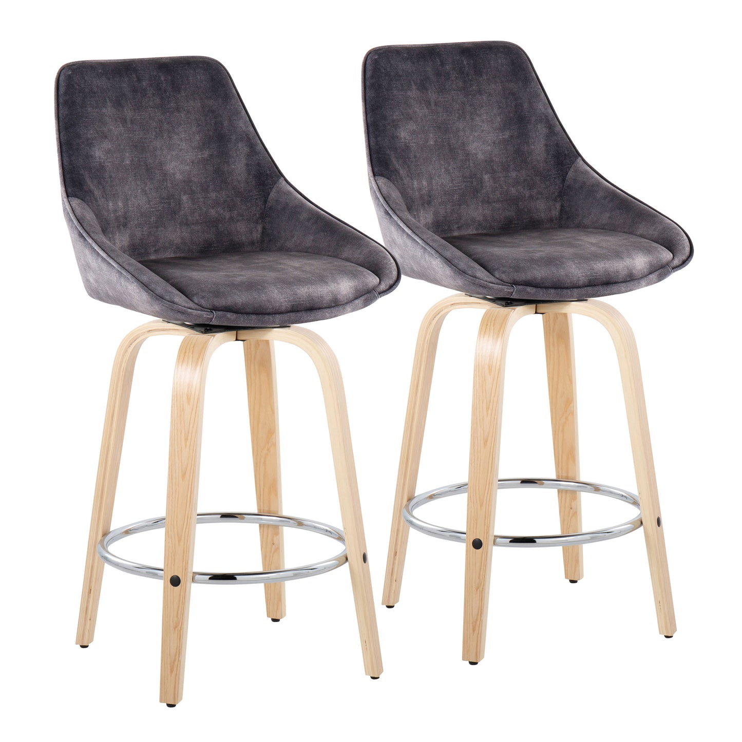 CieloVibe - Set of 2 - 24" Fixed-Height Counter Stools in Grey Velvet with Natural Wood Legs and Round Chrome Footrest