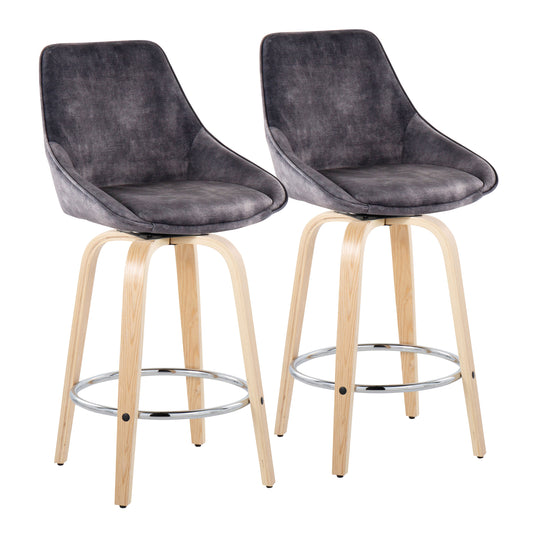 CieloVibe - Set of 2 - 24" Fixed-Height Counter Stools in Grey Velvet with Natural Wood Legs and Round Chrome Footrest