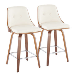 Genaro - Set of 2 - 24" Mid-Century Modern Fixed-Height Counter Stools with Swivel in Walnut Wood and Light Cream Faux Leather, Square Chrome Footrest by LumiSource