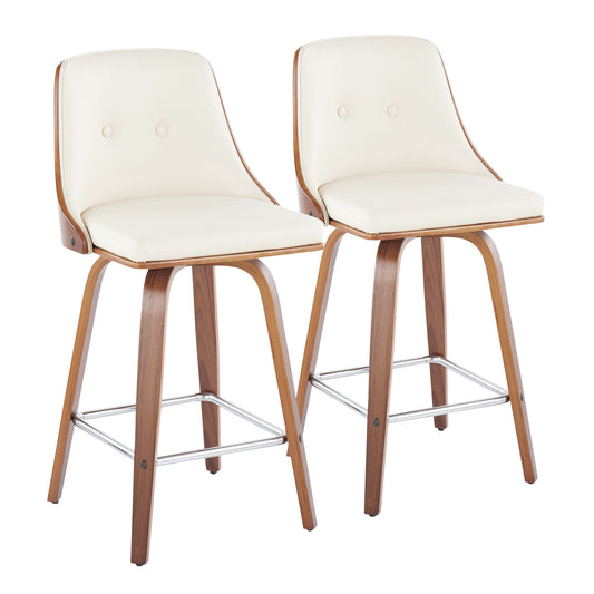 Genaro - Set of 2 - 24" Mid-Century Modern Fixed-Height Counter Stools with Swivel in Walnut Wood and Light Cream Faux Leather, Square Chrome Footrest by LumiSource