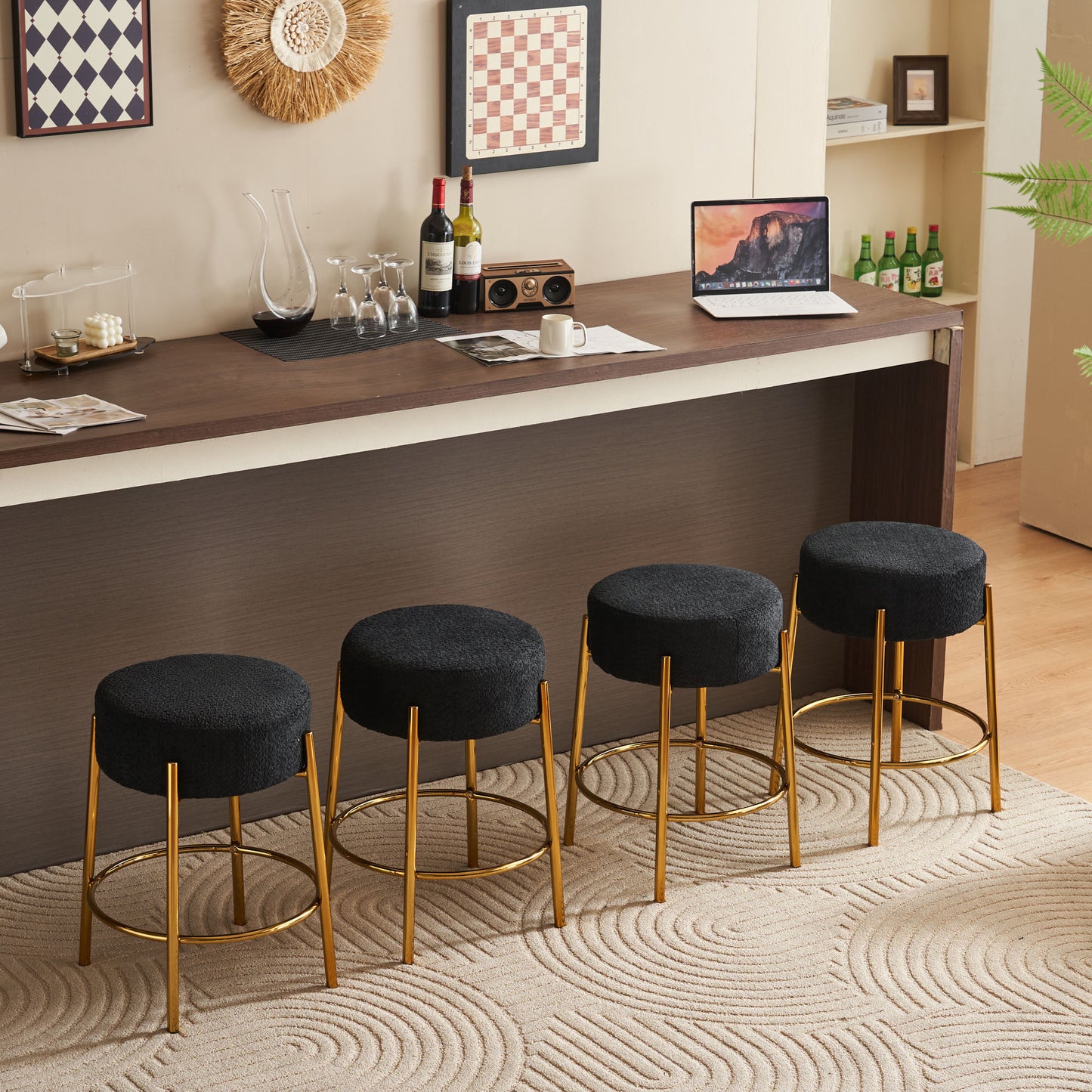 Omnira - Set of 2 - 24" Black Upholstered Round Bar Stools with Non-Slip Feet and Minimalist Design