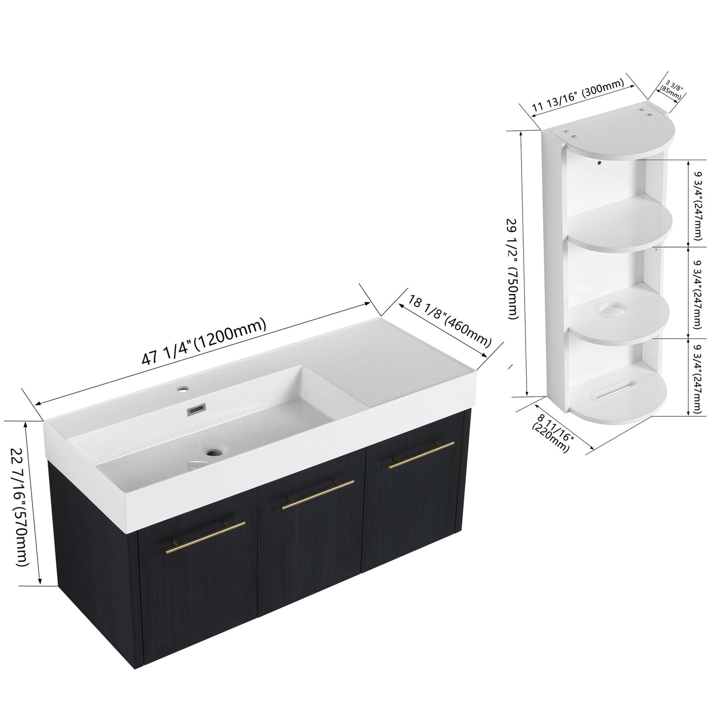 Modern Wall Mounted Bathroom Vanity With Left Sink And Storage Rack
