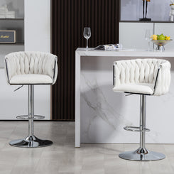 Echelon - Set of 2 - 29" Beige Adjustable 360° Swivel Fabric Bar Stools with Woven Back and Modern Footrest for Kitchen, Café, or Pub